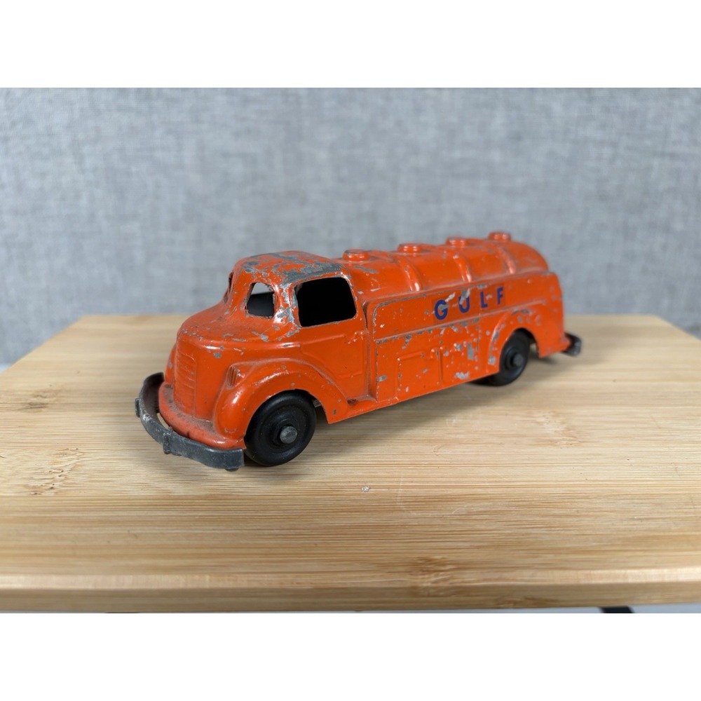 Vintage Hubley Gulf Oil Tanker Truck Die Cast Metal Orange Toy USA 1940s 1950s